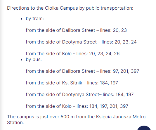 university of Warsaw Ciolka Campus direction